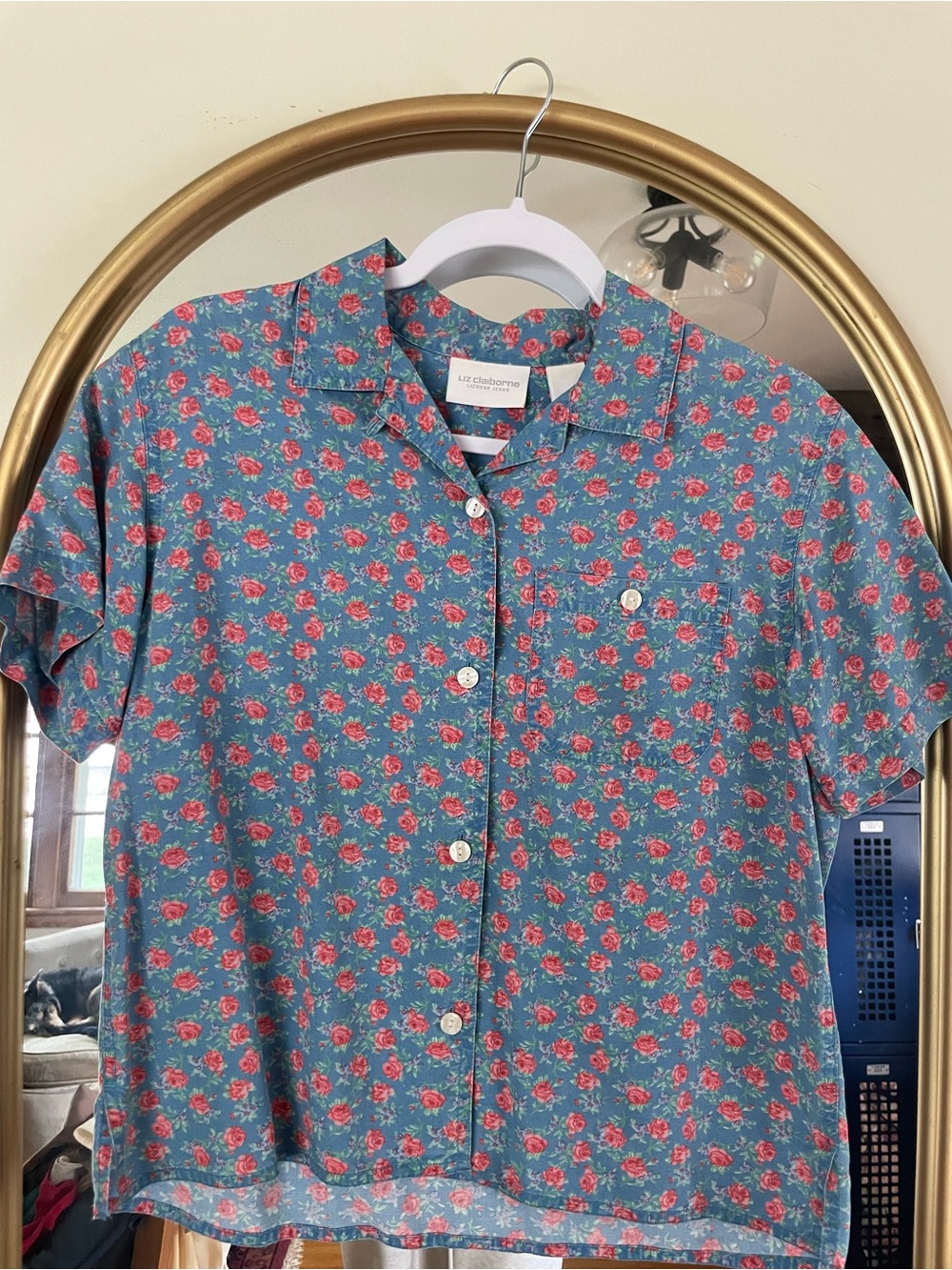 Liz Claiborne Teal Button-Down Shirt with Red Floral Print
